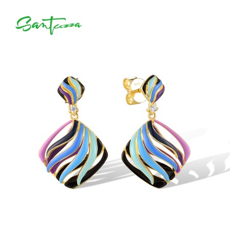 SANTUZZA 925 Sterling Silver Drop Earrings Multi-Color Enamel Ribbon Jewelry