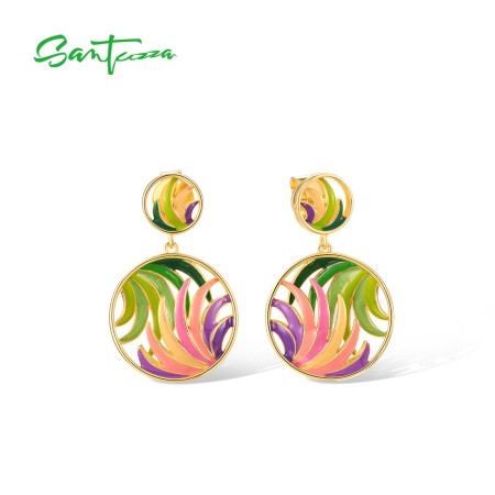 SANTUZZA 925 Sterling Silver Earrings Colorful Ribbon Pattern Hollow Dangle Jewelry