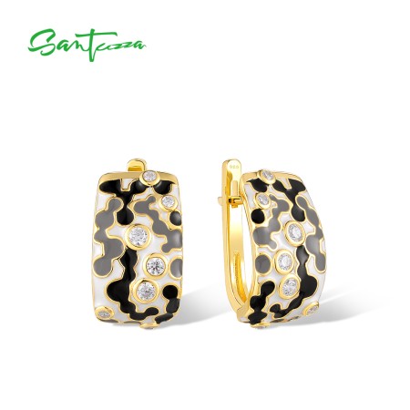 SANTUZZA 925 Sterling Silver Latch Back Earrings Enamel Mosaic Irregular Jewelry