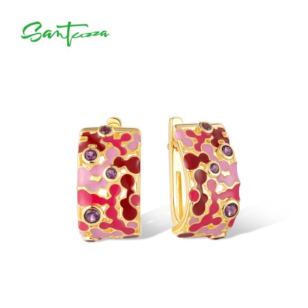 SANTUZZA  925 Sterling Silver Clip Earrings Mosaic Style Enamel Jewelry
