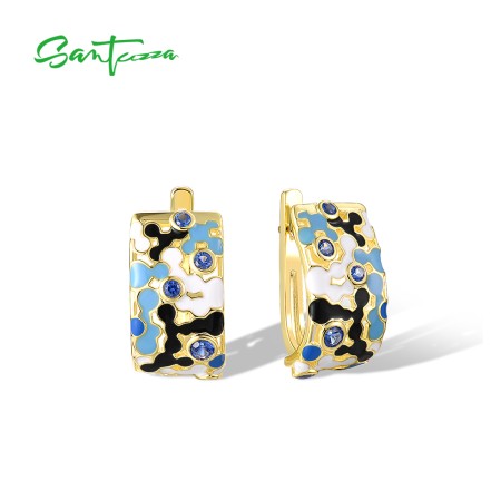 SANTUZZA  925 Sterling Silver Clip Earrings Mosaic Style Enamel Jewelry