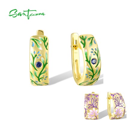 SANTUZZA 925 Sterling Silver Earrings Sparkling Enamel Flower & Trees Fine Jewelry