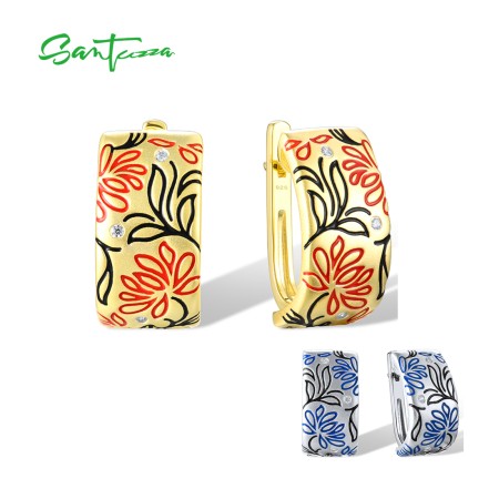 SANTUZZA 925 Sterling Silver Clip Earrings Sparkling Enamel Fashion Fine Jewelry