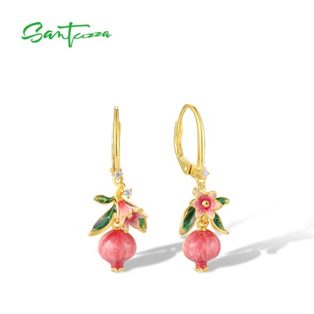 SANTUZZA 925 Sterling Silver Drop Earrings Sparkling Enamel Pomegranate Jewelry