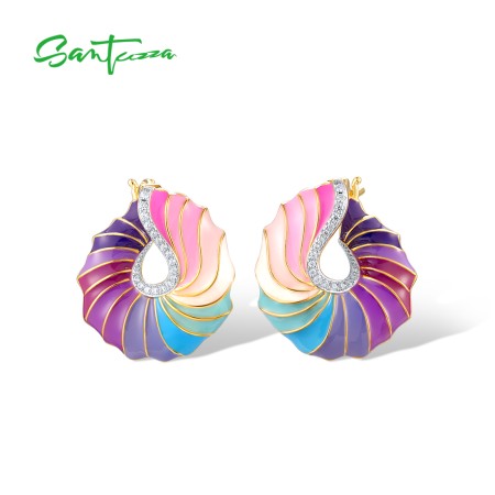 SANTUZZA 925 Sterling Silver Stud Earrings CZ Colorful Twisted Pattern / Conch Jewelry