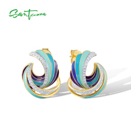 SANTUZZA 925 Sterling Silver Stud Earrings CZ Colorful Twisted Pattern / Conch Jewelry