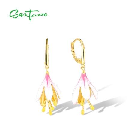 SANTUZZA 925 Sterling Silver Drop Earrings Sparkling Lily Flower Jewelry Enamel