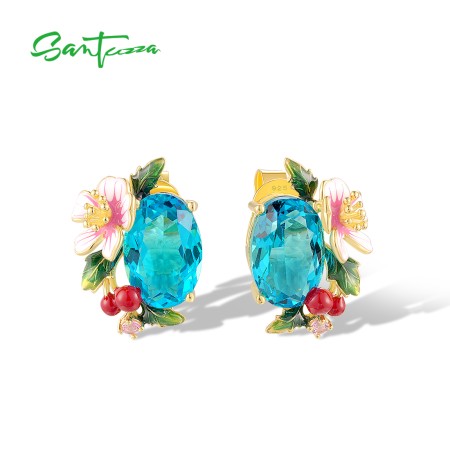 SANTUZZA 925 Sterling Silver Earrings Sparkling Colored Gems Sweet Style Strawberry Flower Enamel Jewelry