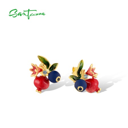 SANTUZZA 925 Sterling Silver Drop Earrings Fruits Blueberries &Pomegranate Jewelry Enamel