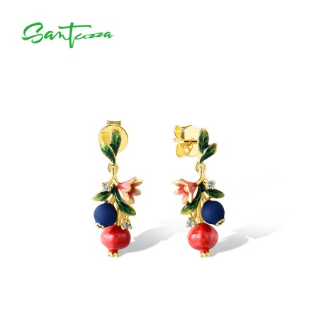 SANTUZZA Genuine 925 Sterling Silver Drop Earrings Fruits Blueberries &Pomegranate Jewelry