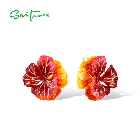 SANTUZZA 925 Sterling Silver Earrings Sparkling Red Enamel Maple Leaves Jewelry