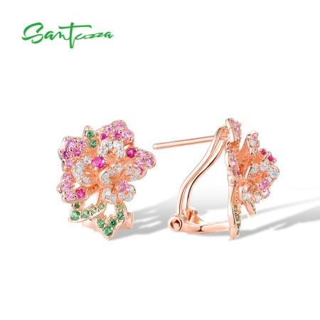 SANTUZZA 925 Sterling Silver Clip-On Earrings  Colorful Gems Flower Gorgeous Wedding Fine Jewlery Gifts