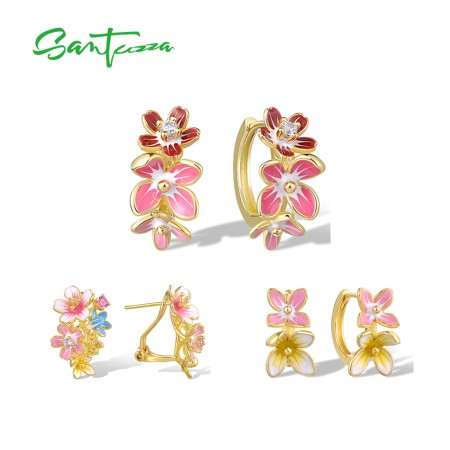 SANTUZZA 925 Sterling Silver Hoop Earrings Sparkling Cherry Blossom Pink Cute Floral Wedding Gift Jewelry