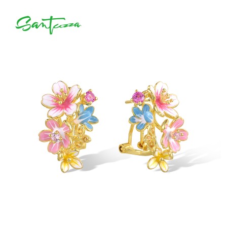 SANTUZZA 925 Sterling Silver Hoop Earrings Sparkling Cherry Blossom Pink Cute Floral Wedding Gift Jewelry-Pink&Blue Enamel