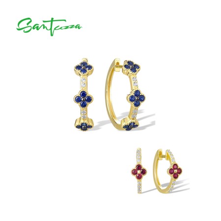 SANTUZZA 925 Sterling Silver Hoop Earrings Created Ruby Blue Sapphire White CZ Flower Fine Jewelry