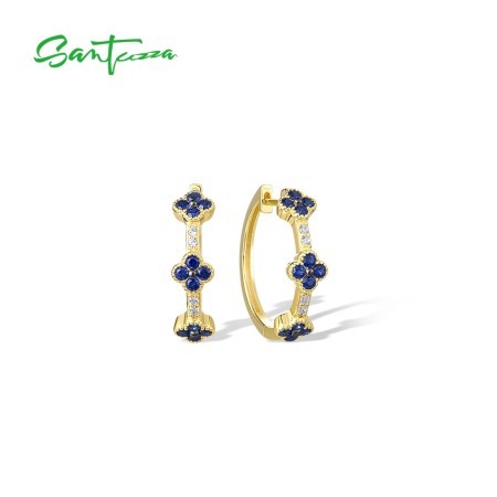 SANTUZZA 925 Sterling Silver Hoop Earrings Created Ruby Blue Sapphire White CZ Flower Fine Jewelry