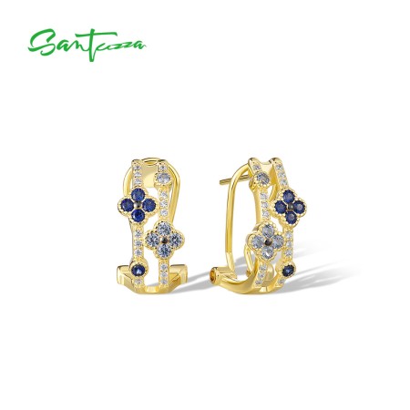 SANTUZZA 925 Sterling Silver Clip-On Earrings Blue & Black Flower Fine Jewlery Gifts