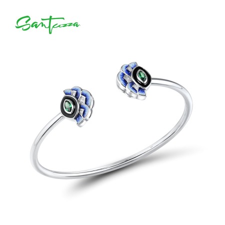 SANTUZZA 925 Sterling Silver Opened Bangle Delicate Blue Fan Shape Enamel Jewelry