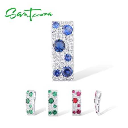 SANTUZZA 925 Sterling Silver Pendant Rectangle Blue CZ Green Spinel Ruby Fine Jewelry