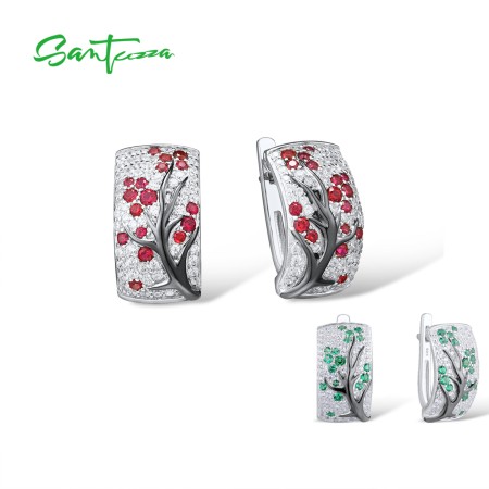 SANTUZZA 925 Sterling Silver Earrings Red Green Tree White Cubic Zirconia Jewelry