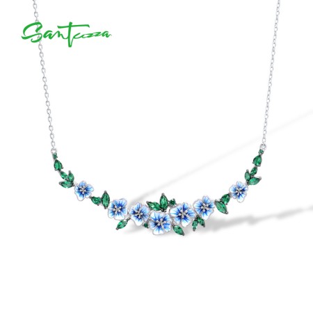 SANTUZZA 925 Sterling Silver Necklace Green Spinel Blooming Flowers Jewelry Enamel