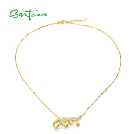SANTUZZA 925 Sterling Silver Necklace White CZ Gold Plated Tulip Flower Fine Jewelry