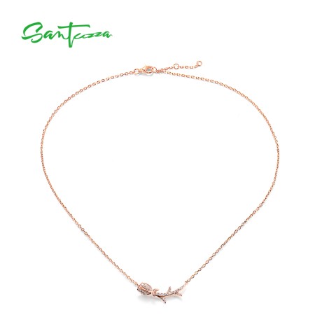 SANTUZZA 925 Sterling Silver Necklace White CZ Pink Tulip Flower Fine Jewelry