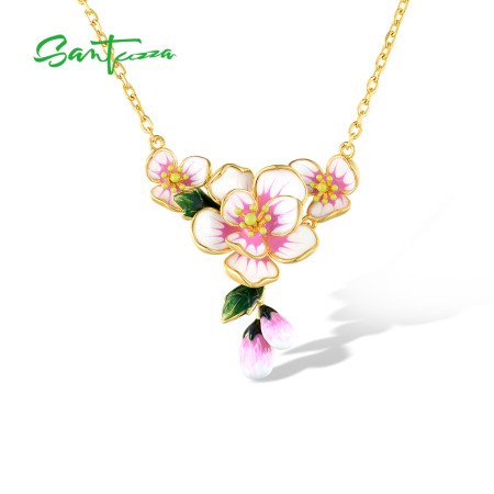 SANTUZZA 925 Sterling Silver Necklace Romantic Pink Flower Enamel Jewelry