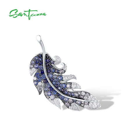 SANTUZZA 925 Sterling Silver Brooch Created Blue Sapphire Elegant Feather Jewelry