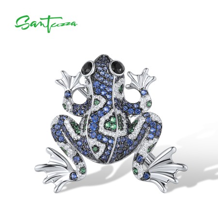 SANTUZZA 925 Silver Brooch Multi-Color Gems Blue Frog Fine Jewelry