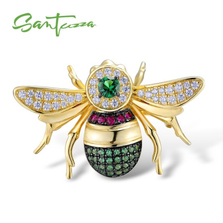 SANTUZZA 925 Sterling Silver Brooch Gold Color Bee Insect Brooch брошь насеко Jewelry