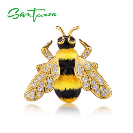 SANTUZZA 925 Sterling Silver Brooch Chic Gold Color Yellow Bee брошь насекомое Jewelry Enamel