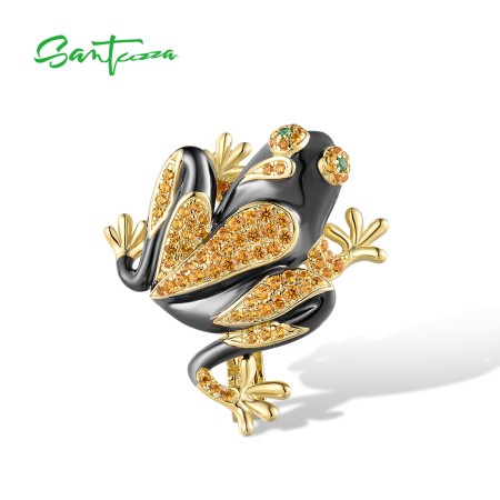 SANTUZZA 925 Silver Brooch Yellow Nano Crystal Black Enamel Frog Fine Jewelry