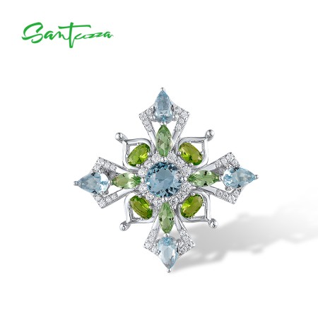 SANTUZZA 925 Silver Brooch Sparkling Blue & Green Stone Jewelry