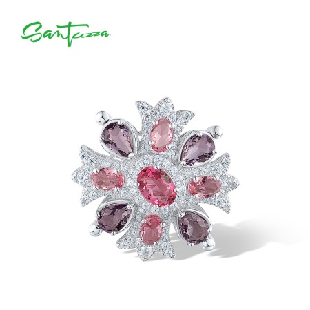 SANTUZZA 925 Silver Brooch Sparkling White CZ Red Purple Stone Jewelry