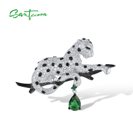 SANTUZZA 925 Silver Brooch White Black Leopard Wild Animal Fine Jewelry