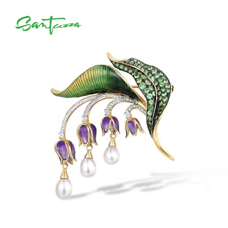SANTUZZA 925 Sterling Silver Brooch White CZ Pearls Bellflower Leaf Jewelry Enamel
