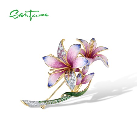 SANTUZZA 925 Sterling Silver Brooch  Multi-Color Pink Lily Flower Rose Enamel Jewelry
