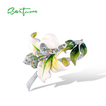 SANTUZZA 925 Sterling Silver Brooch White CZ Pearls Bellflower Leaf Jewelry Enamel