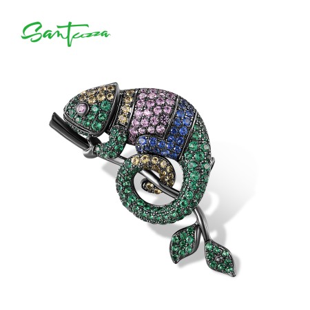 SANTUZZA 925 Sterling Silver Brooch Colorful Gemstone Lovely Chameleon Jewelry