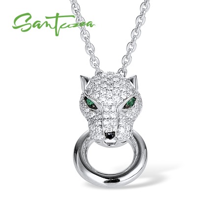 SANTUZZA 925 Sterling Silver Pendant Shiny White CZ Panther Green Black Spinel Party Jewelry
