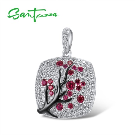 SANTUZZA 925 Sterling Silver Pendant Without Chain Pink Green Cherry Tree White CZ Jewelry
