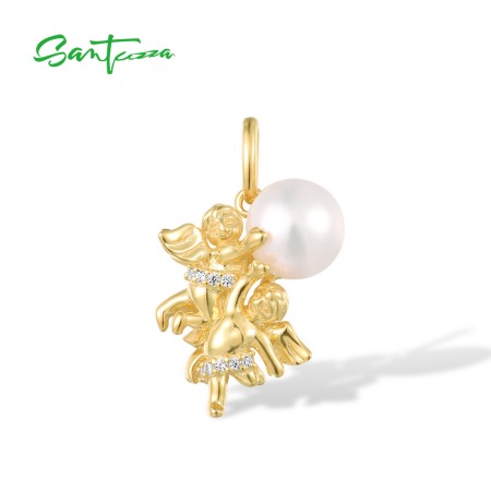 SANTUZZA 925 Sterling Silver Pendant Pearl Gold Color Gemini Zodiac Twelve Constellation Charm Jewelry