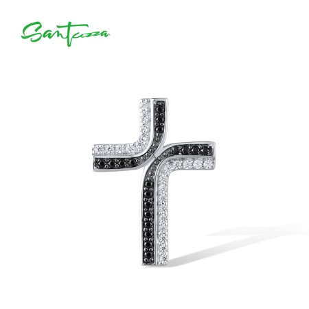 SANTUZZA 925 Sterling Silver Pendant Classic Cross Black Spinel & White CZ Jewelry