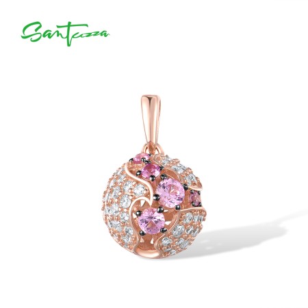 SANTUZZA  925 Sterling Silver Pendant Ball Created Pink Sapphire White CZ Fine Jewelry
