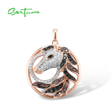 SANTUZZA Pendant 925 Sterling Silver Rose Gold Color Black Brown Horse Fine Jewelry