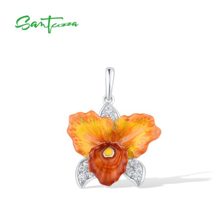 SANTUZZA 925 Sterling Silver Pendant Sparkling Orange Orchid Flower Jewelry Enamel