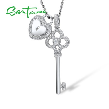 SANTUZZA 925 Sterling Silver Pendant Key Heart Lock White Cubic Zirconia Fine Jewelry