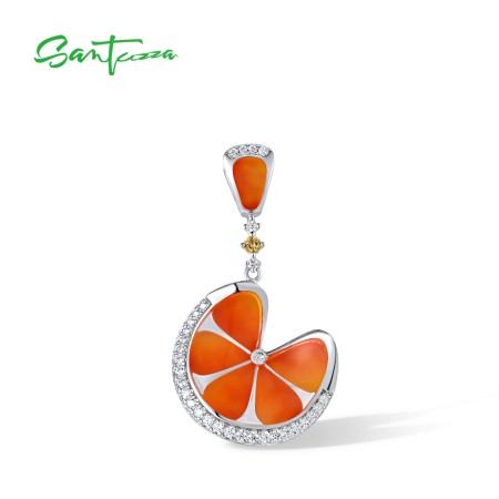 SANTUZZA 925 Sterling Silver Pendant For Women Sparkling White CZ Orange Enamel Leaf Fine Jewelry