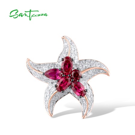 SANTUZZA 925 Sterling Silver Pendant White CZ Created Ruby Star Fish Ocean Fine Jewelry